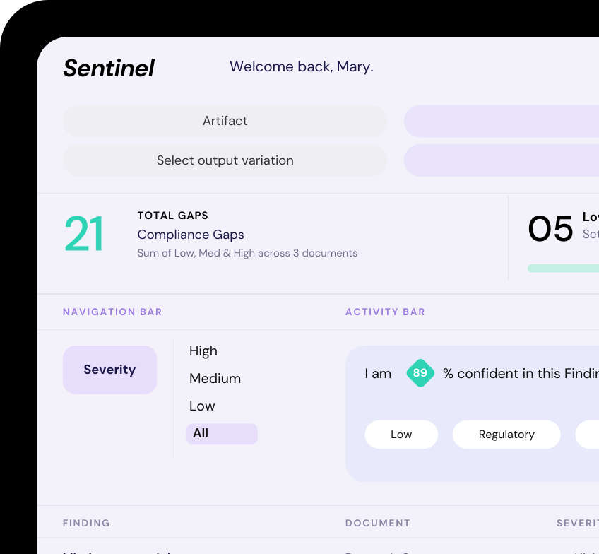 Sentinel product interface preview with illustrative data
