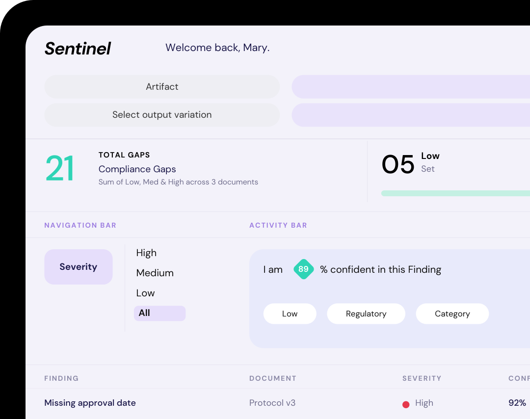Sentinel interface with illustrative workflow data